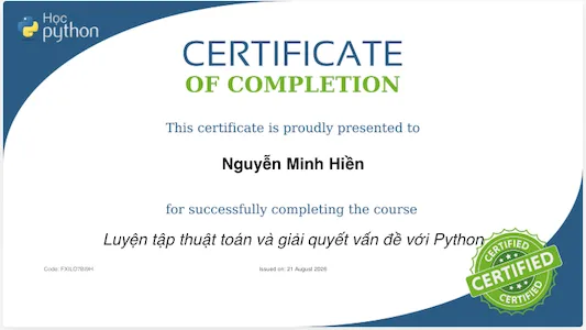 Chứng chỉ hoàn thành khóa học của Học Python